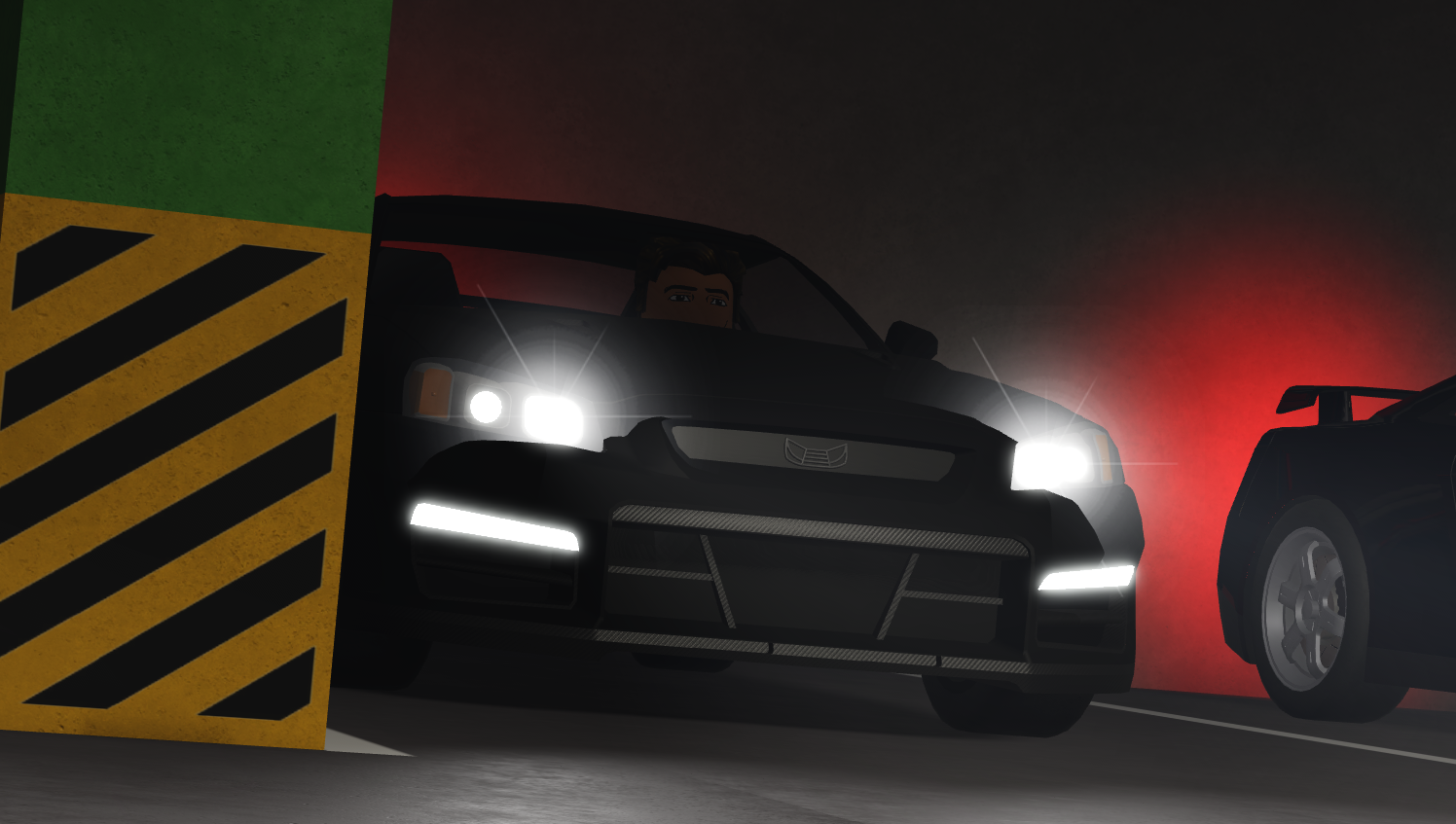 Cars and a driver in a parking garage lit by headlights.