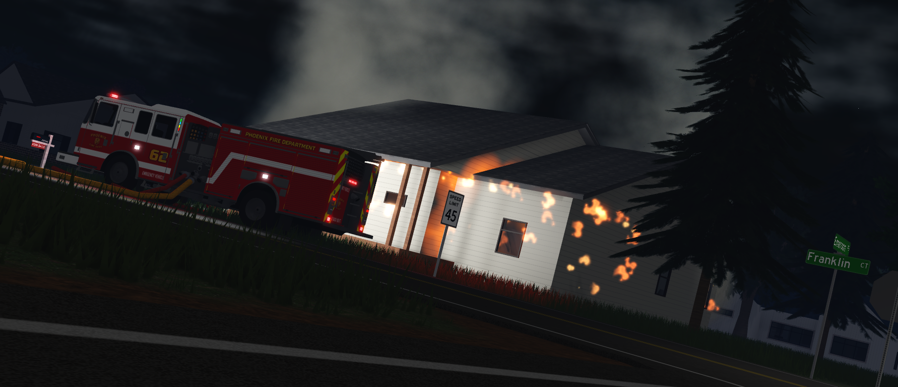 Phoenix Fire Department engine at a fictional fire on Franklin Court.