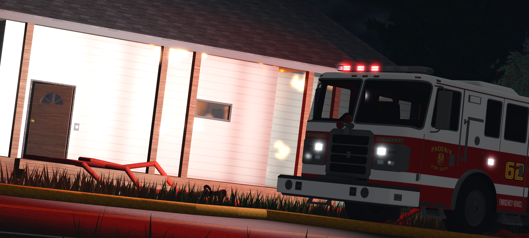 Phoenix fire engine outside a house at night.
