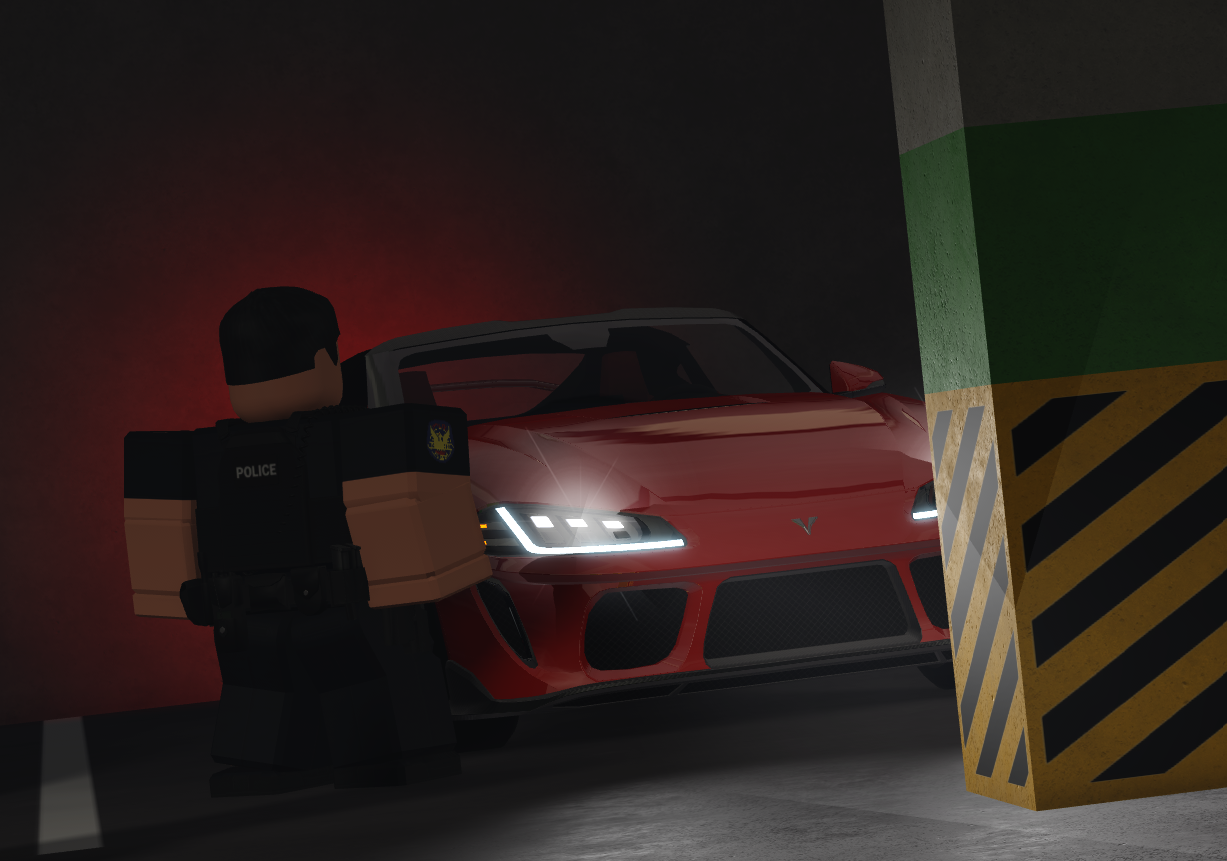 A police officer beside a red sports car under RC parking